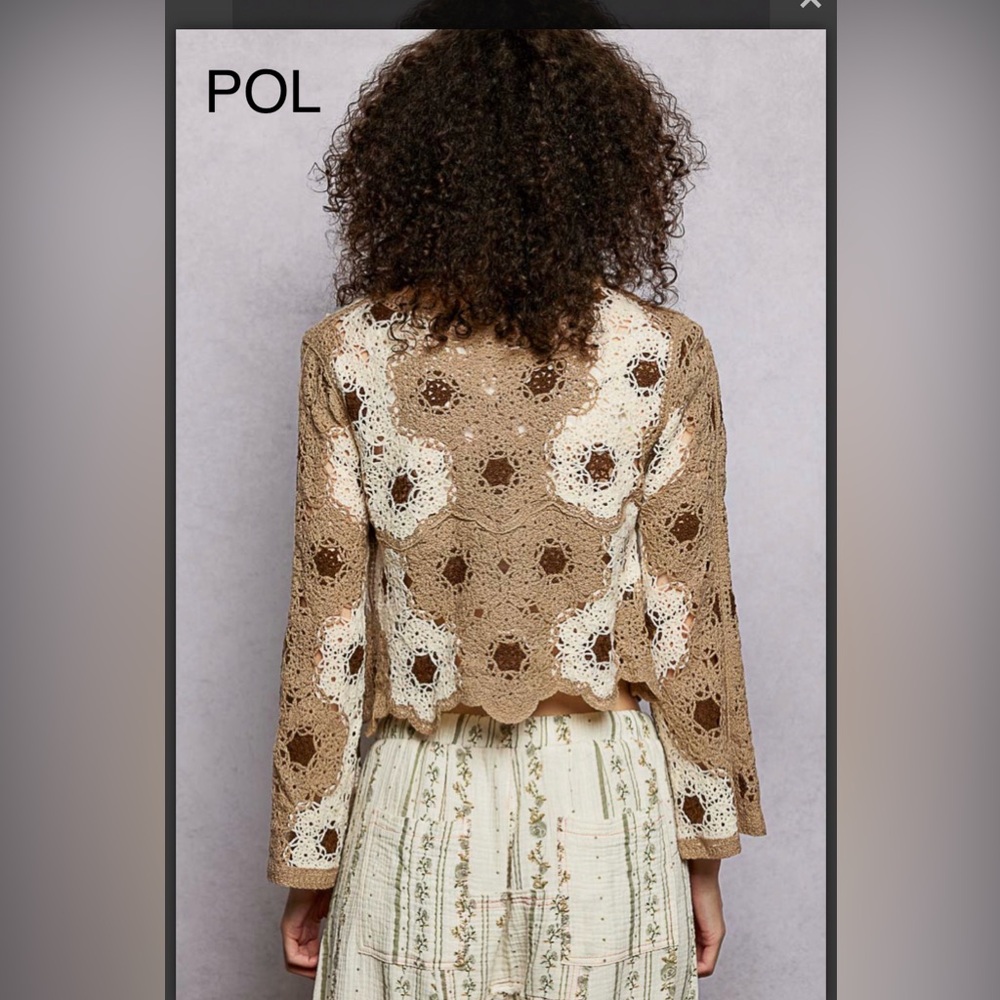 BP221-1🤎🤍NEW! POL pristine brown+cream Crochet Crop Top  w/bead details! Gorg! - Picture 2 of 8